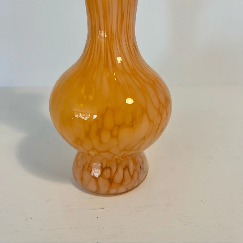 Vintage Orange and White Splatter Glass Vase with Ruffled Edge 6.5” Tall